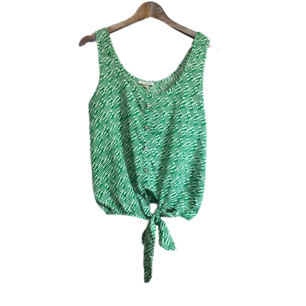 Body Central Tank Top Womens Medium‎ Green Geometric Excellent Tie Front Button